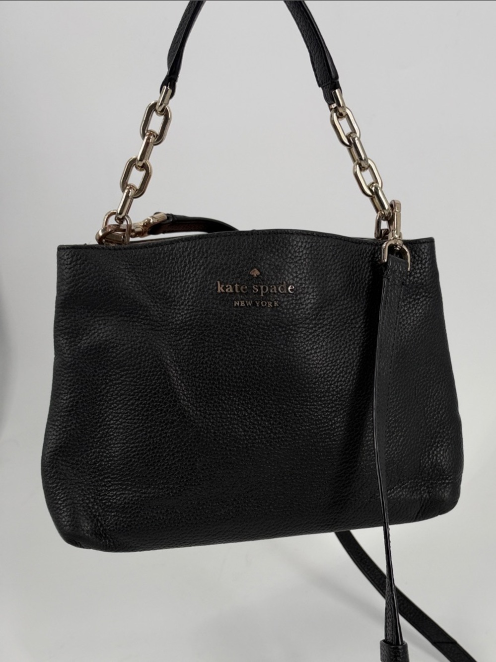 kate spade Black Pebbled Leather Shoulder Bag with Gold Chain Accents